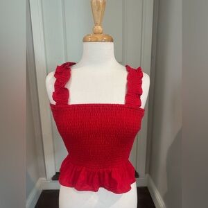 Haute Monde Red Smocked Ruffle Strap Top